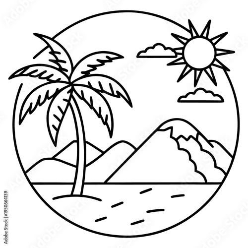 Vector illustration of a tropical beach landscape featuring a palm tree silhouette on a paradise island with sun and ocean water at sunset for summer travel design