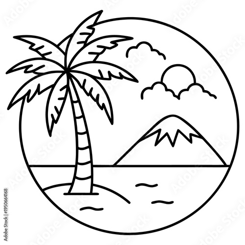 A vibrant vector illustration of a tropical island beach landscape featuring palm tree silhouettes against a summer sunset over the ocean waves and paradise sand