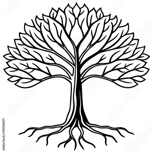 A decorative black vector silhouette of a nature tree featuring detailed branches and a leafy forest pattern with a strong root system for garden art design
