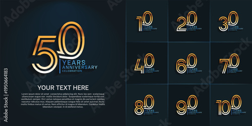 Anniversary logo set with double line number style. gold and blue color can be use for special moment
