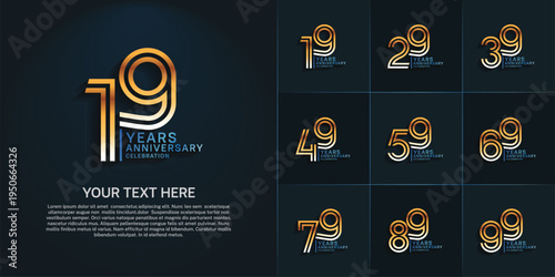 Anniversary logo set with double line number style. gold and blue color can be use for special moment
