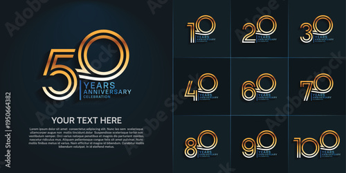 Anniversary logo set with double line number style. gold and blue color can be use for special moment