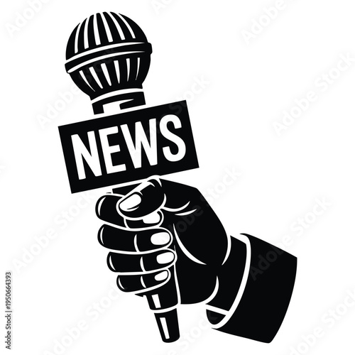 Simple black glyph of reporter hand holding news microphone icon journalism and reporting symbol for broadcast interview or press conference vector illustration isolated on white background