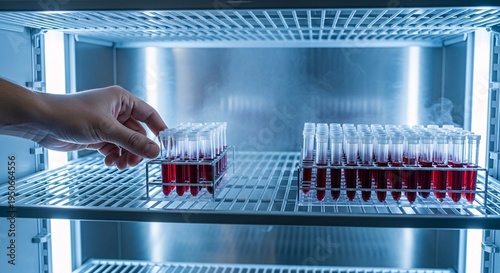 A hand places a rack of red liquid filled test tubes into a laboratory refrigerator or incubator for storage and preservation.