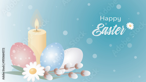 Festive Easter composition with a glowing yellow candle, pastel decorated eggs, pussy willow branches, and a white daisy flower on a soft blue bokeh background. 