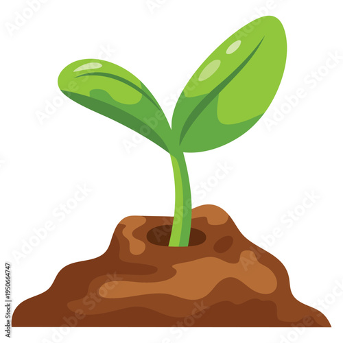 Small green plant with two leaves growing from a pile of brown dirt, symbolizing new life, hope, and growth, natural concept illustration for environment themes