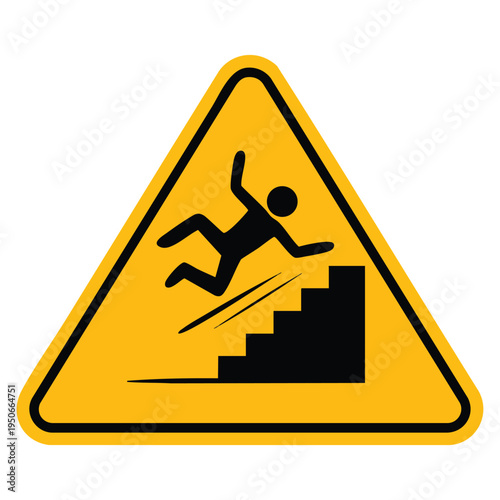 Slippery stairs warning yellow triangle symbol with stick figure man falling on stairs workplace safety and injury vector illustration