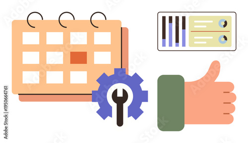 Productivity, task automation, organization, workflow, planning, efficiency. Calendar with a gear icon, thumbs-up and a data chart. Productivity and task automation concept