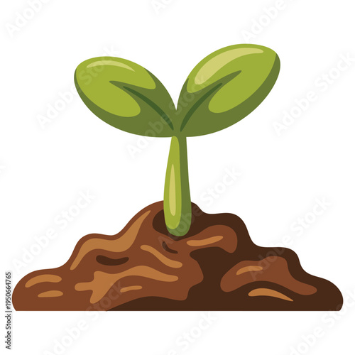 Small green plant with two leaves rising from a pile of brown dirt, symbolizing new life, hope, and growth, environmental renewal illustration