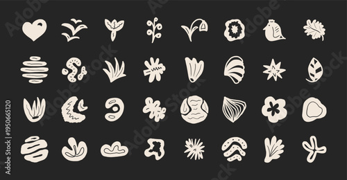 Abstract organic shapes doodle icon set in minimalist hand drawn style featuring playful nature inspired symbols. Modern vector collection of naive decorative elements such as leaves, flowers, bird