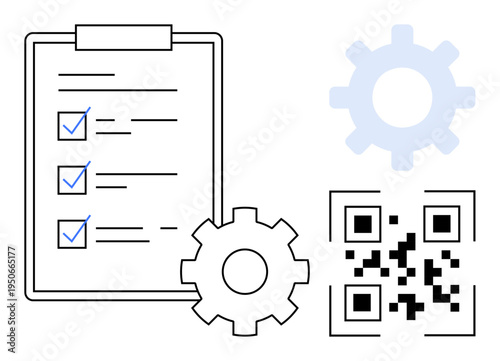 Task management, process optimization, technology integration, workflow automation, data sharing, and digital tools. A checklist, gear icons and a QR code. Task management and process optimization