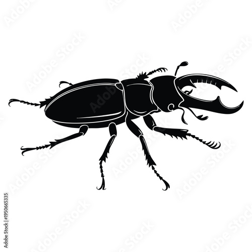 Stag beetle with large mandibles forest insect symbol vector black silhouette design wildlife emblem