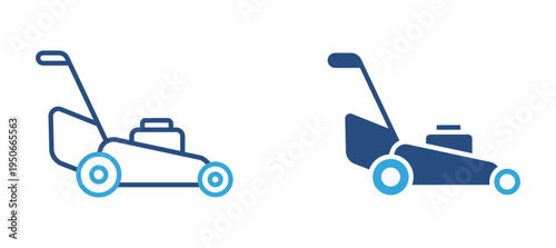 Lawn mower icon set. Grass cutting machine, gardening equipment, yard maintenance and landscaping concept. Vector illustration.