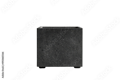 Modern square concrete planter with minimalist design, empty dark grey cement flowerpot for decor on transparent background