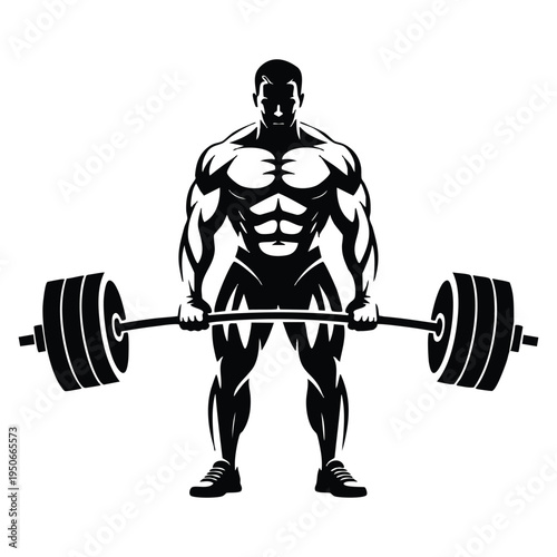 Strong man gym workout bodybuilder performing deadlift exercise silhouette powerful athlete weightlifting vector illustration for sport and strength training design