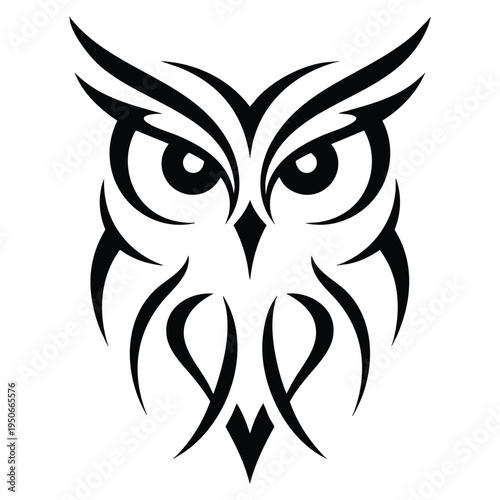 Stylized black and white tribal inspired owl illustration with sharp symmetrical patterns, piercing eyes and curved feather lines in sleek minimalist design