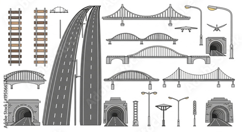 Collection of various transportation infrastructure elements and bridges.