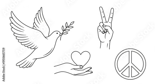 Dove with olive branch peace symbol and hand gestures.