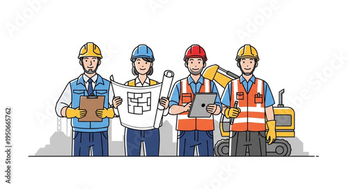 Construction workers team with blueprints and tablet.