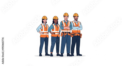 Diverse construction workers standing together wearing safety vests and hard hats.