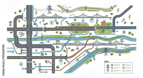 Detailed Urban City Map With Roads Rivers and Bridges.