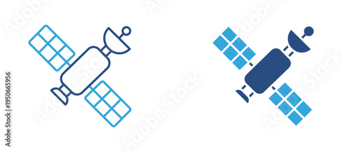 Satellite icon set. Space satellite with solar panels and antenna, orbital technology, telecommunication and space exploration concept. Vector illustration.
