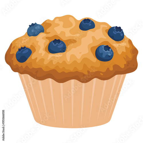 Tasty blueberry muffin isolated on white background, detailed pastry illustration suitable for bakery promotion, breakfast menu and dessert themed artwork