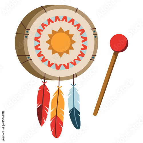 Tambourine of american indians decorated with feathers traditional musical instrument cultural heritage vector illustration design