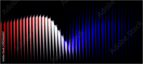 Neon ribbed fractal glass 3d background. Holographic vertical stripe pattern with vibrant purple blue, yellow gradient. abstract background with red lines