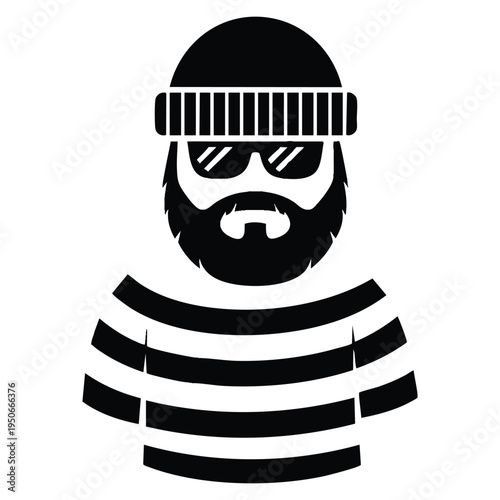 Thief criminal prisioner person man with hat beard mask striped vector graphic isolated flat illustration suitable for crime themed artwork