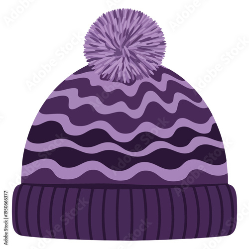 Thick knit purple winter hat with fluffy pom pom designed for warmth during cold season apparel concept