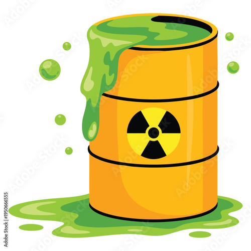 Toxic radioactive nuclear waste barrel cartoon illustration with hazard symbol environmental pollution concept design