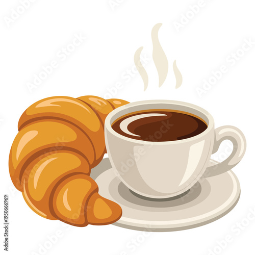 Vector illustration breakfast delicious start to the day featuring cup with hot coffee and fresh croissant cartoon flat icon isolated on white