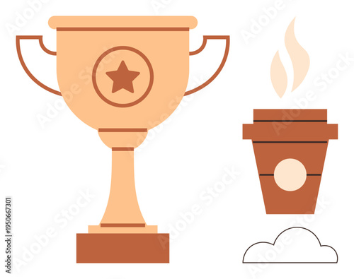 Achievement, motivation, success, productivity, daily goals, teamwork. Trophy cup with a star, coffee cup and cloud graphic. Achievement and motivation concepts