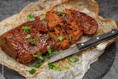Vegan meat alternative: seitan, wheat gluten protein. Roasted, spicy, flavorful
