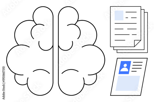 Knowledge concept. Knowledge ed by a brain outline and documents, reflecting data processing, learning patterns, and creativity. For education, AI, research, innovation analytics