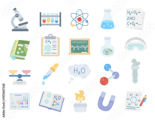 Chemical science set in scandinavian style laboratory equipment and education featuring microscope glassware atom molecule formulas textbook burner magnet periodic table