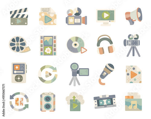 Content creation set in scandinavian style media production tools video audio film camera sound playback recording upload streaming devices symbols