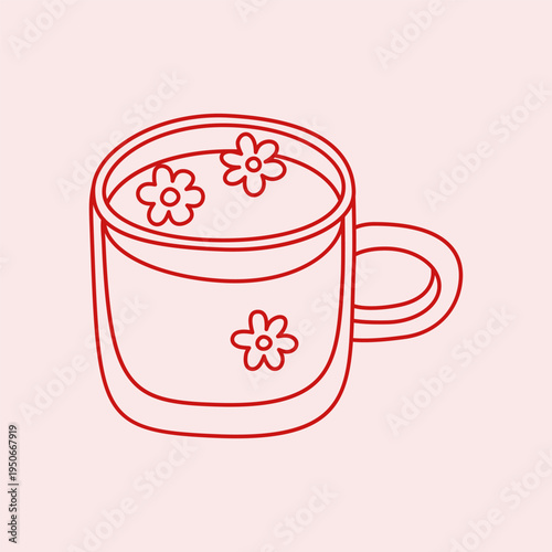 Lovely hand drawn chamomile tea with flowers in glass cup in Mediterranean style isolated on pastel pink background. Minimalist line art floral tea for shops, cafe, packaging designs, posters, etc.
