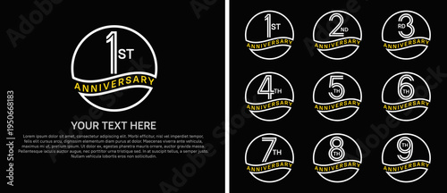 anniversary logo set with circle. white and yellow color on black background for celebration moment