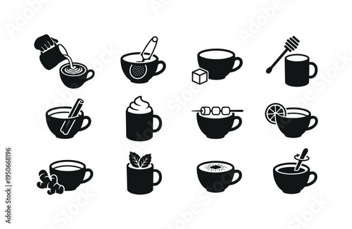 Barista pouring latte art icon, tea infuser in cup symbol, sugar cube beside cup icon, honey dipper with mug symbol, cinnamon