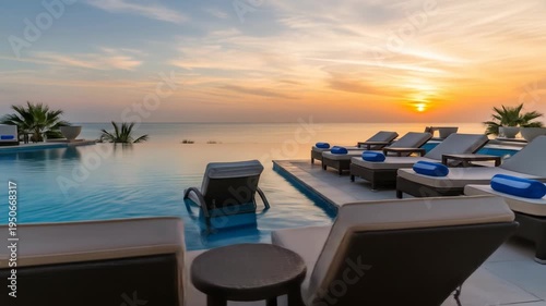A serene infinity pool overlooking the ocean at sunset with lounge chairs