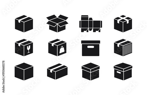 Closed cardboard shipping box, open cardboard box with flaps, flat folded box template, taped parcel box, fragile marked box with