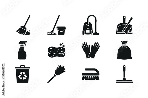 Collection of cleaning tools and supplies icons for household chores and hygiene