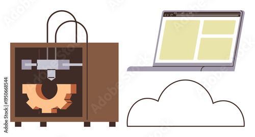 3D printing, digital manufacturing, cloud computing, software development, innovation, future technology. A 3D printer, a laptop and a cloud symbol. 3D printing and cloud computing concept