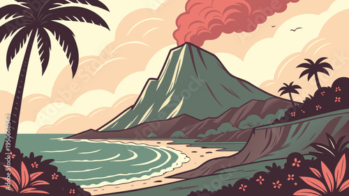 Volcanic Island Mountain Ocean Panorama Vector Landscape