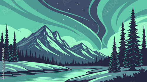 Aurora Borealis Over Frozen Lake Mountain Landscape Vector