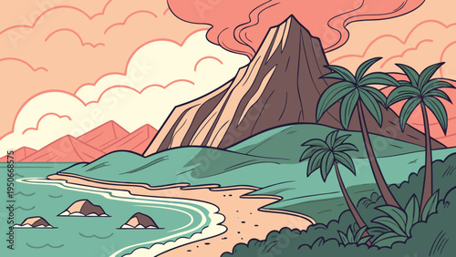 Volcanic Island Mountain Ocean Panorama Vector Landscape