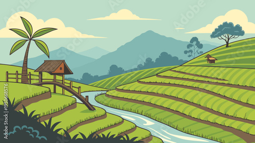 Green Rice Terrace Valley Panorama Nature Vector Landscape