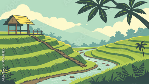 Green Rice Terrace Valley Panorama Nature Vector Landscape